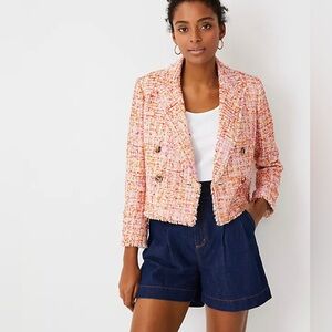 Ann Taylor fringe Tweed double breasted crop blazer jacket sz 16